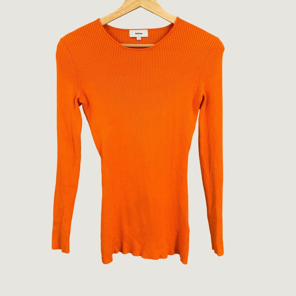 Auteur Ribbed Knit Top Size Small Orange Long Sleeve Crew Neck Stretchy Fitted